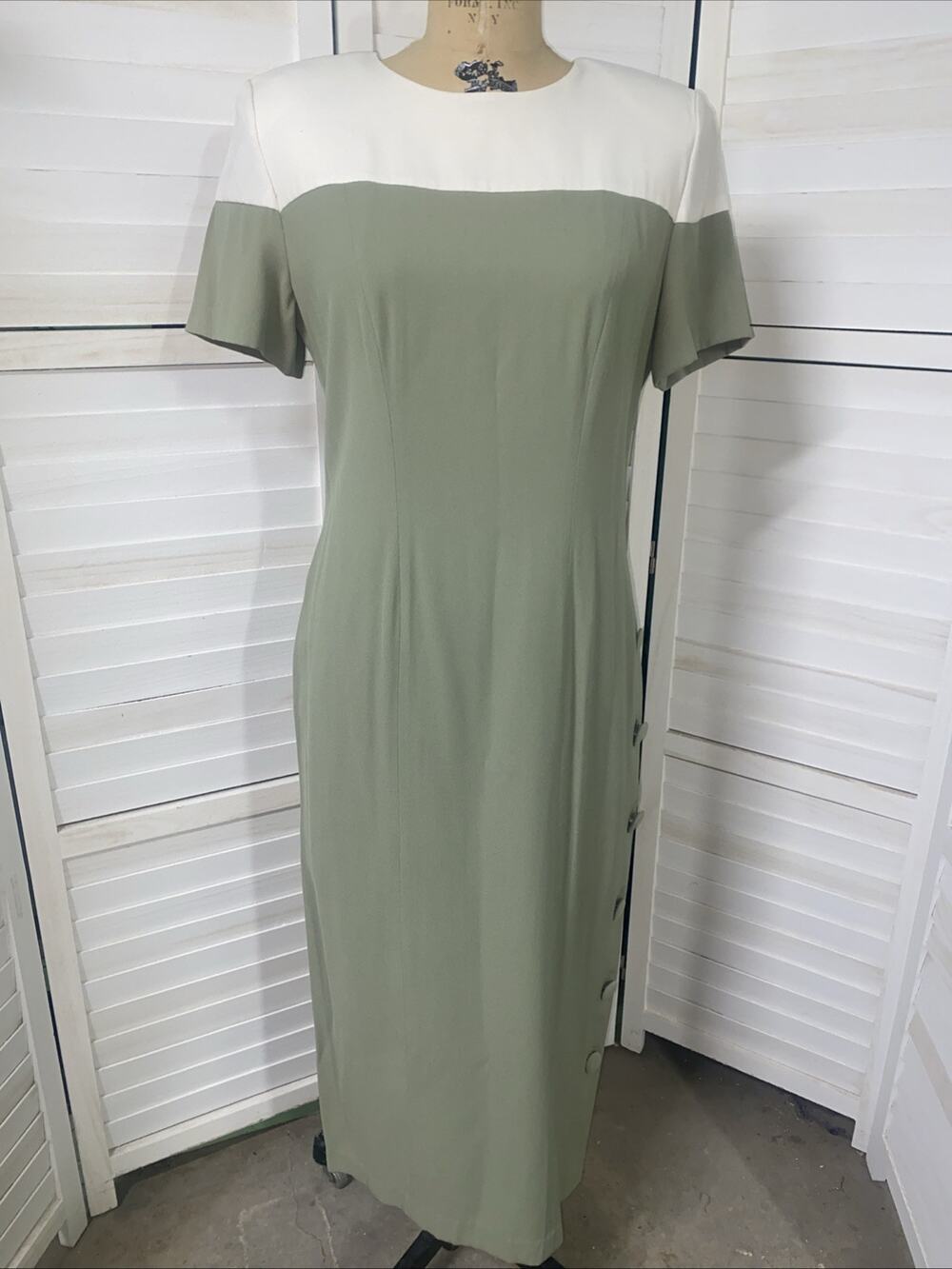 Vintage 90s 00s Chaus Dresses Midi Pencil Dress Sage Green Cream Sz 10 Medium
